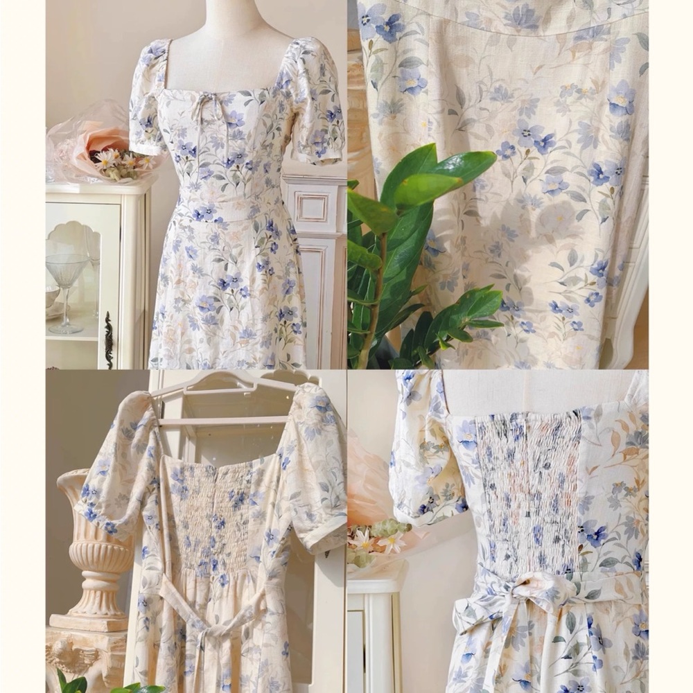 Cream Smocked Maxi Dress with Puff Sleeves